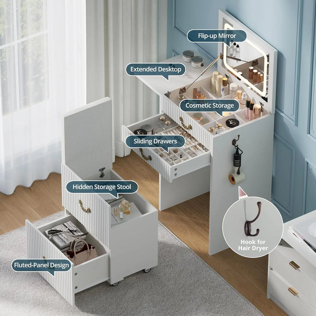 Makeup Vanity Desk with Flip Mirror, LED Lights, 3 Drawers & Rolling Stool