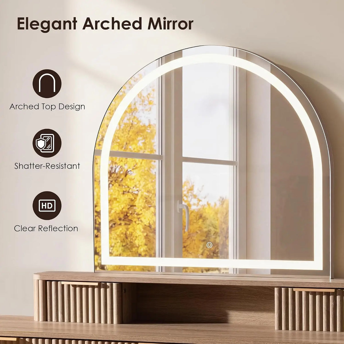 55.7" Fluted Vanity Desk with Arched LED Mirror & 7 Drawers