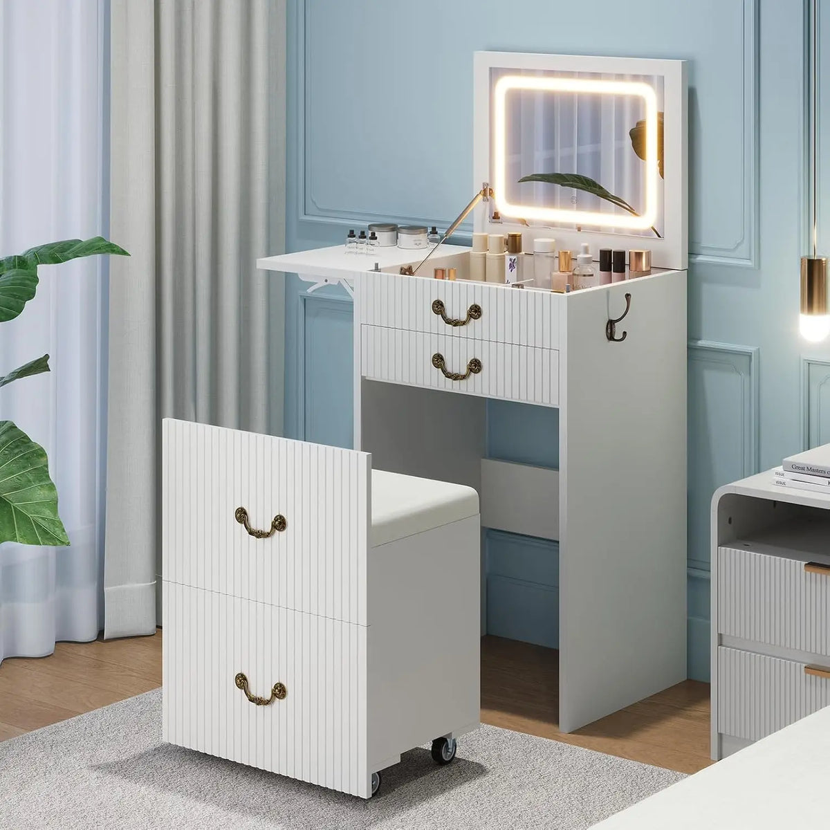 Makeup Vanity Desk with Flip Mirror, LED Lights, 3 Drawers & Rolling Stool