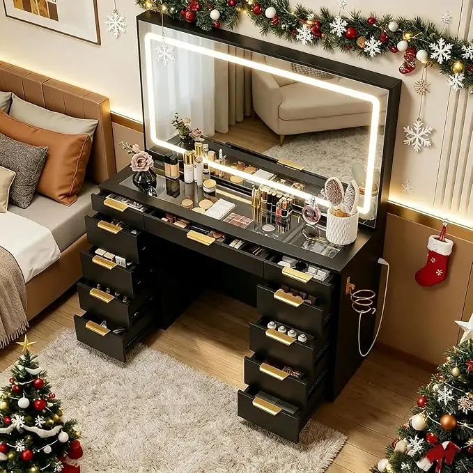 Glass Top Vanity Desk with LED Mirror & 11 Drawers