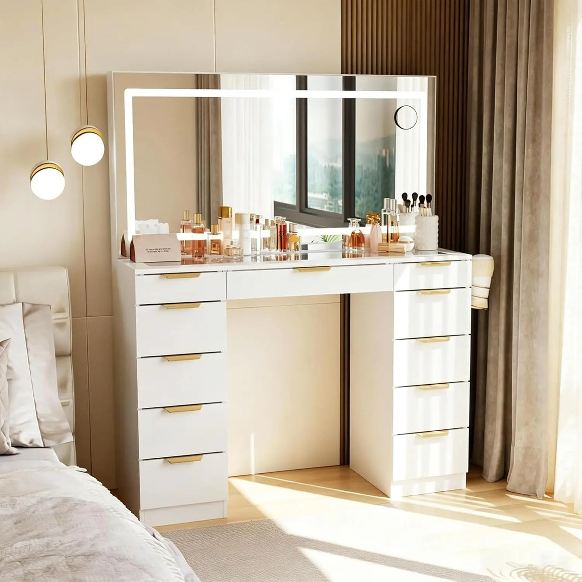 Glass Top Vanity Desk with LED Mirror & 11 Drawers