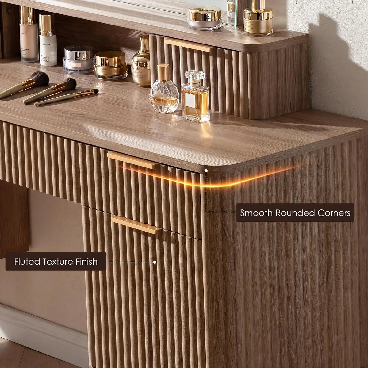 55.7" Fluted Vanity Desk with Arched LED Mirror & 7 Drawers