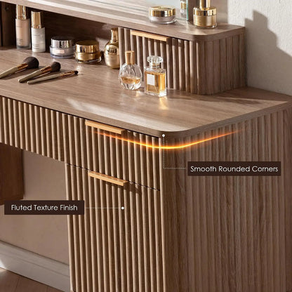 55.7" Fluted Vanity Desk with Arched LED Mirror & 7 Drawers