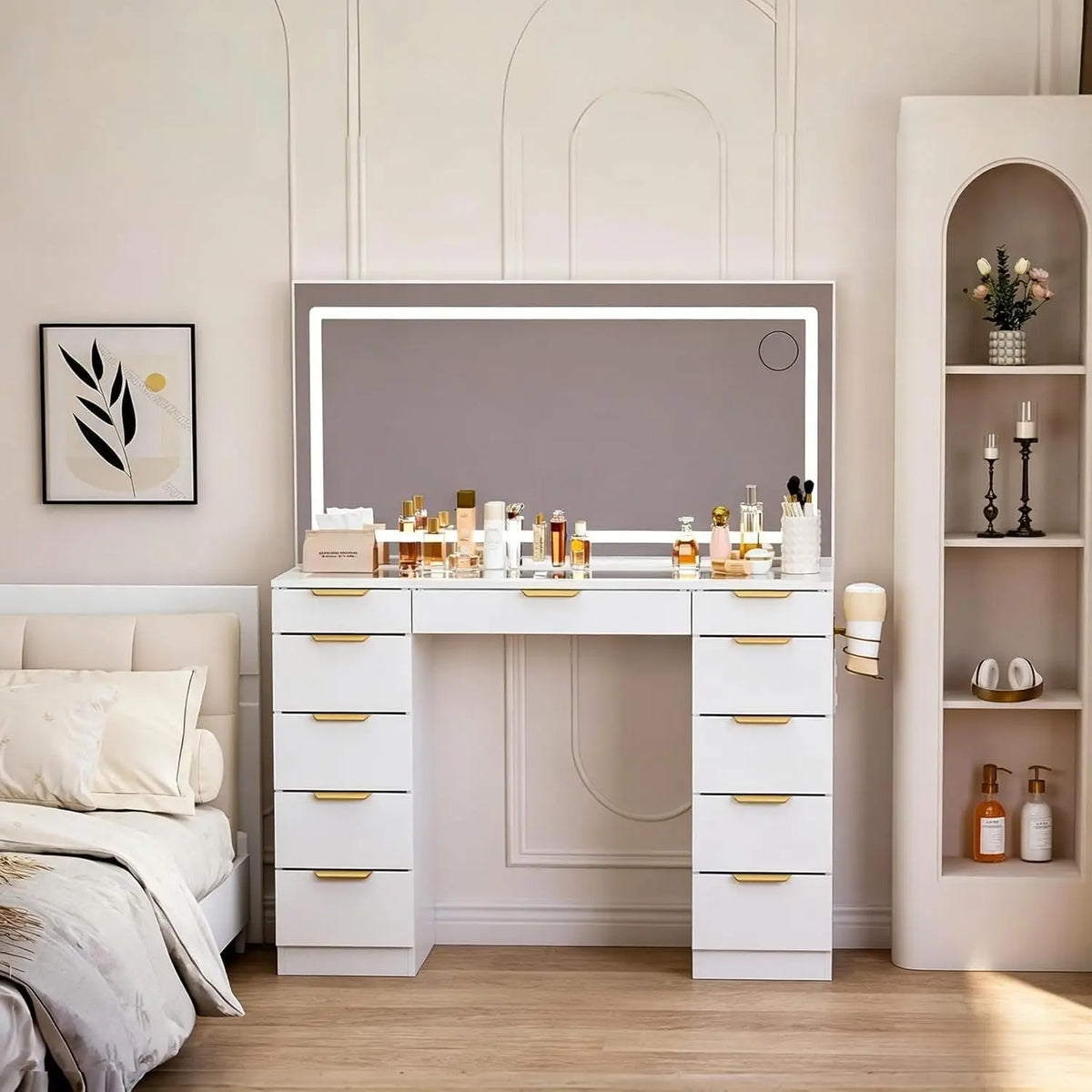Glass Top Vanity Desk with LED Mirror & 11 Drawers