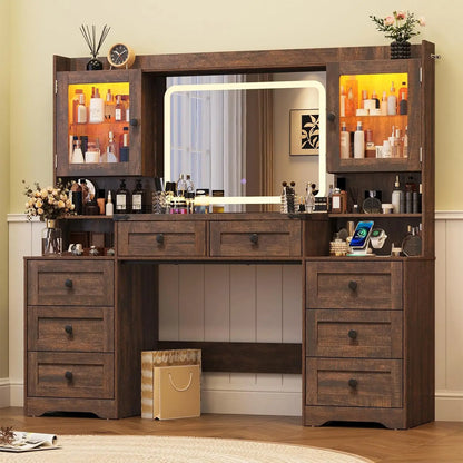 60" Farmhouse Vanity Desk with LED Mirror & Charging Station