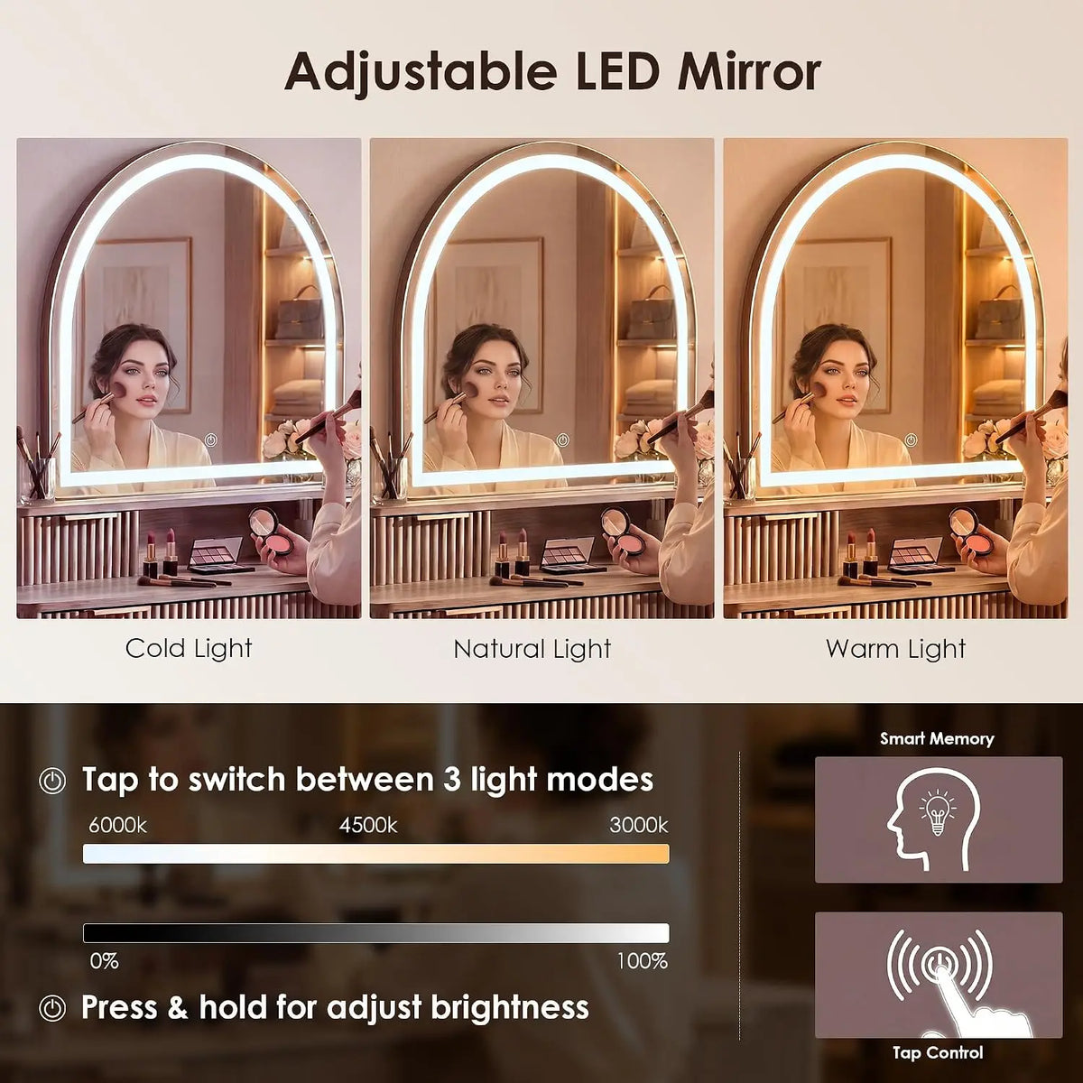 55.7" Fluted Vanity Desk with Arched LED Mirror & 7 Drawers