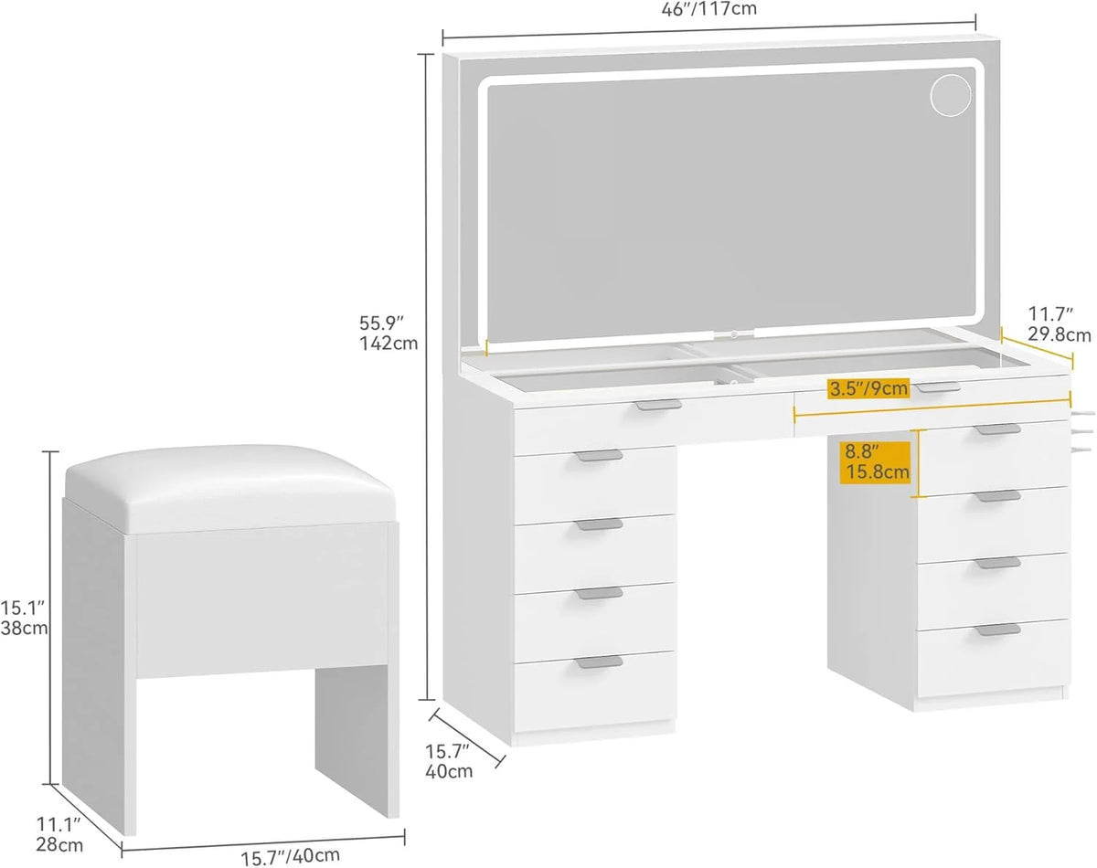 Modern Vanity Desk with LED Mirror & Lights