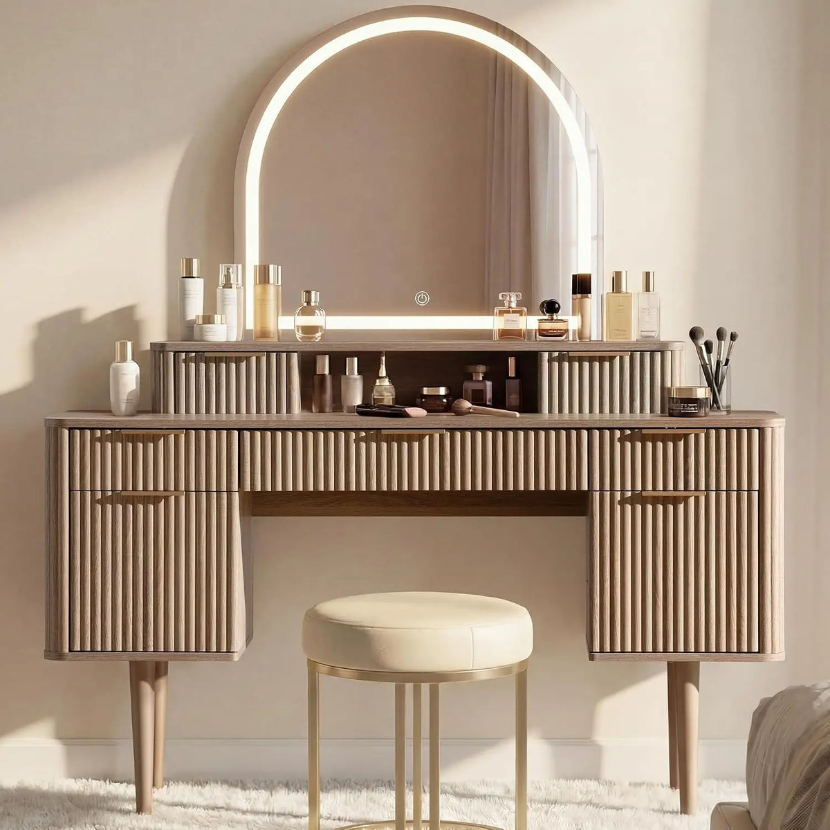 55.7" Fluted Vanity Desk with Arched LED Mirror & 7 Drawers
