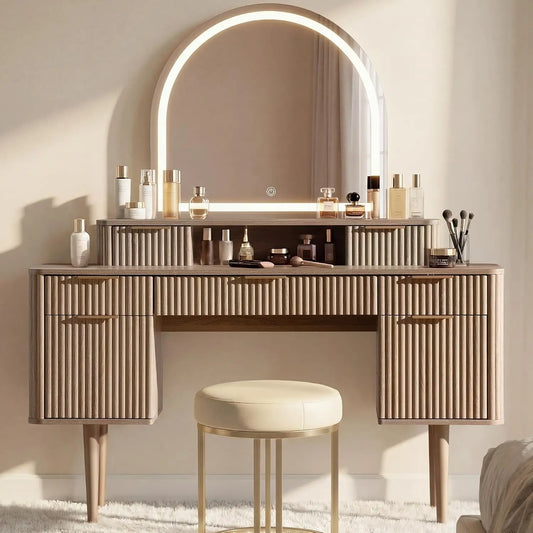 55.7" Fluted Vanity Desk with Arched LED Mirror & 7 Drawers
