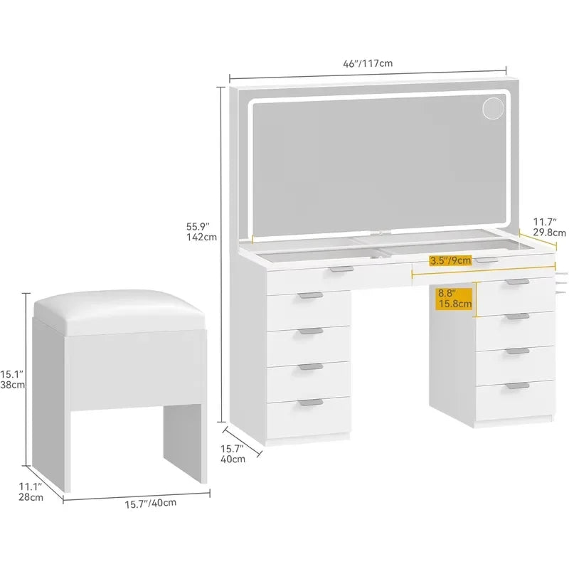 Modern Vanity Desk with LED Mirror & Lights