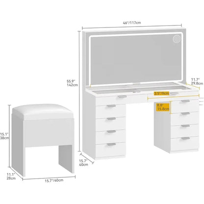 Modern Vanity Desk with LED Mirror & Lights