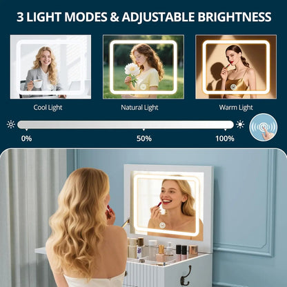 Makeup Vanity Desk with Flip Mirror, LED Lights, 3 Drawers & Rolling Stool