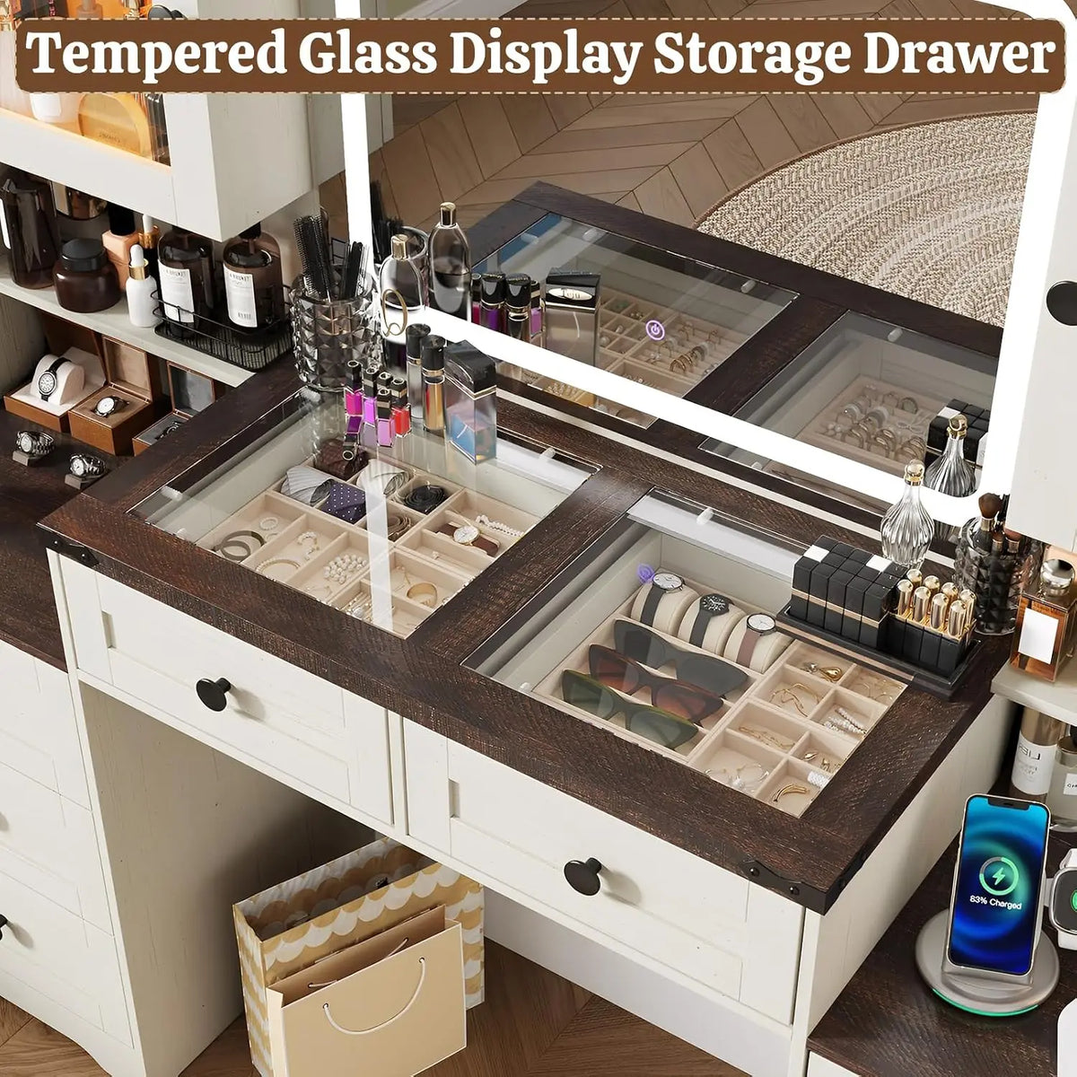 60" Farmhouse Vanity Desk with LED Mirror & Charging Station