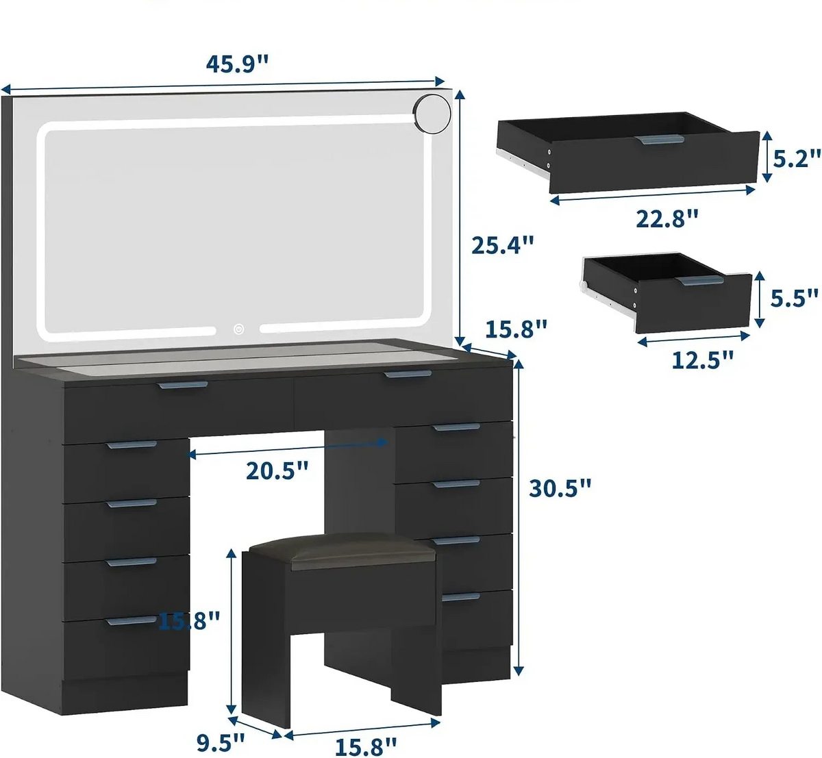 Modern Vanity Desk with LED Mirror & Lights