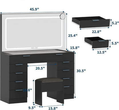 Modern Vanity Desk with LED Mirror & Lights