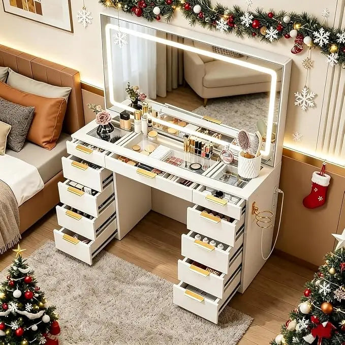 Glass Top Vanity Desk with LED Mirror & 11 Drawers
