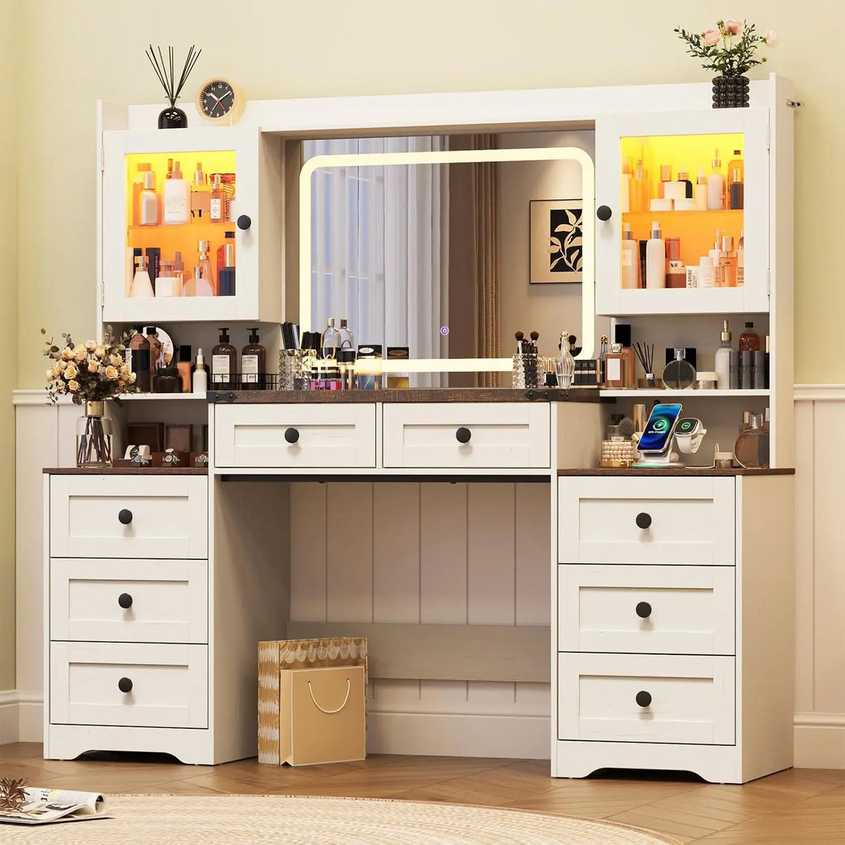 60" Farmhouse Vanity Desk with LED Mirror & Charging Station