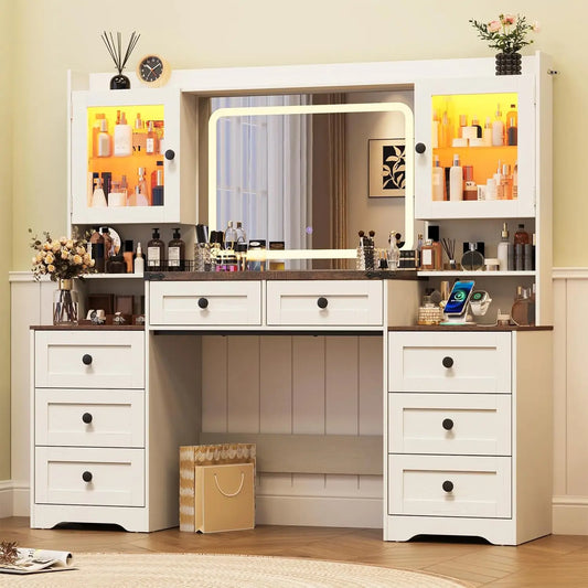 60" Farmhouse Vanity Desk with LED Mirror & Charging Station