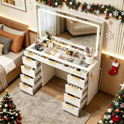 Glass Top Vanity Desk with LED Mirror & 11 Drawers