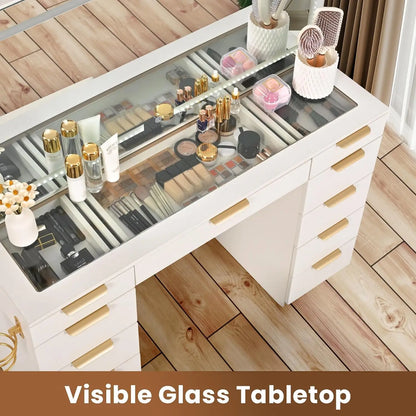 Glass Top Vanity Desk with LED Mirror & 11 Drawers