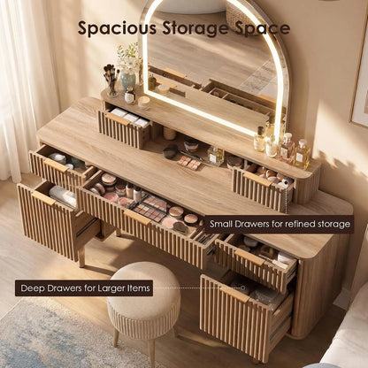 55.7" Fluted Vanity Desk with Arched LED Mirror & 7 Drawers