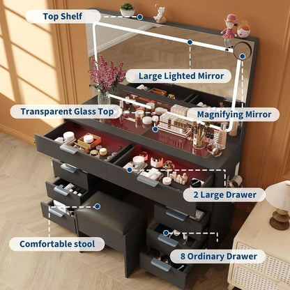 Modern Vanity Desk with LED Mirror & Lights