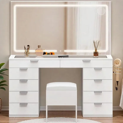 Modern Vanity Desk with LED Mirror & Lights