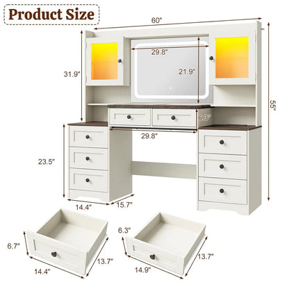 60" Farmhouse Vanity Desk with LED Mirror & Charging Station
