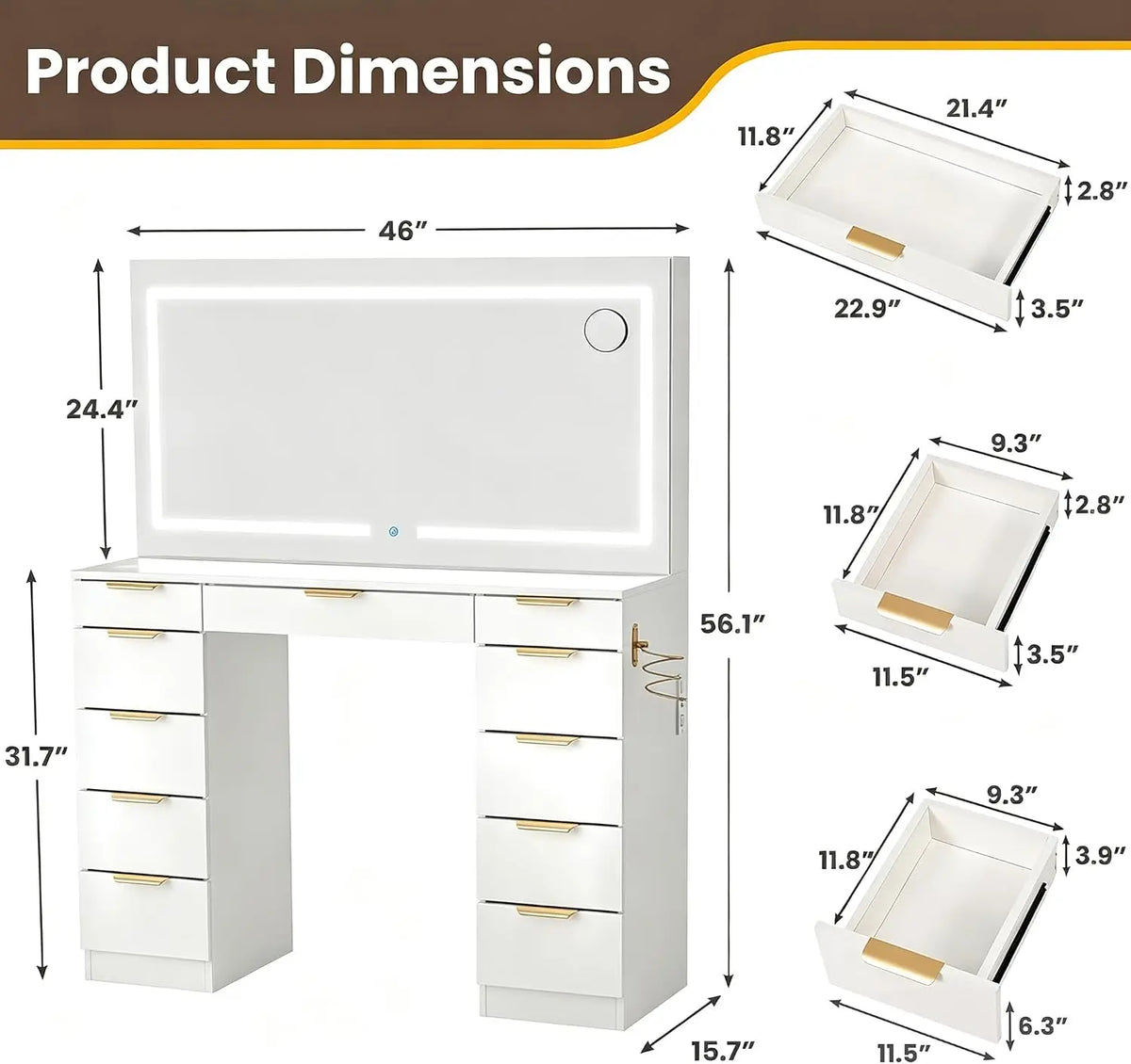Glass Top Vanity Desk with LED Mirror & 11 Drawers